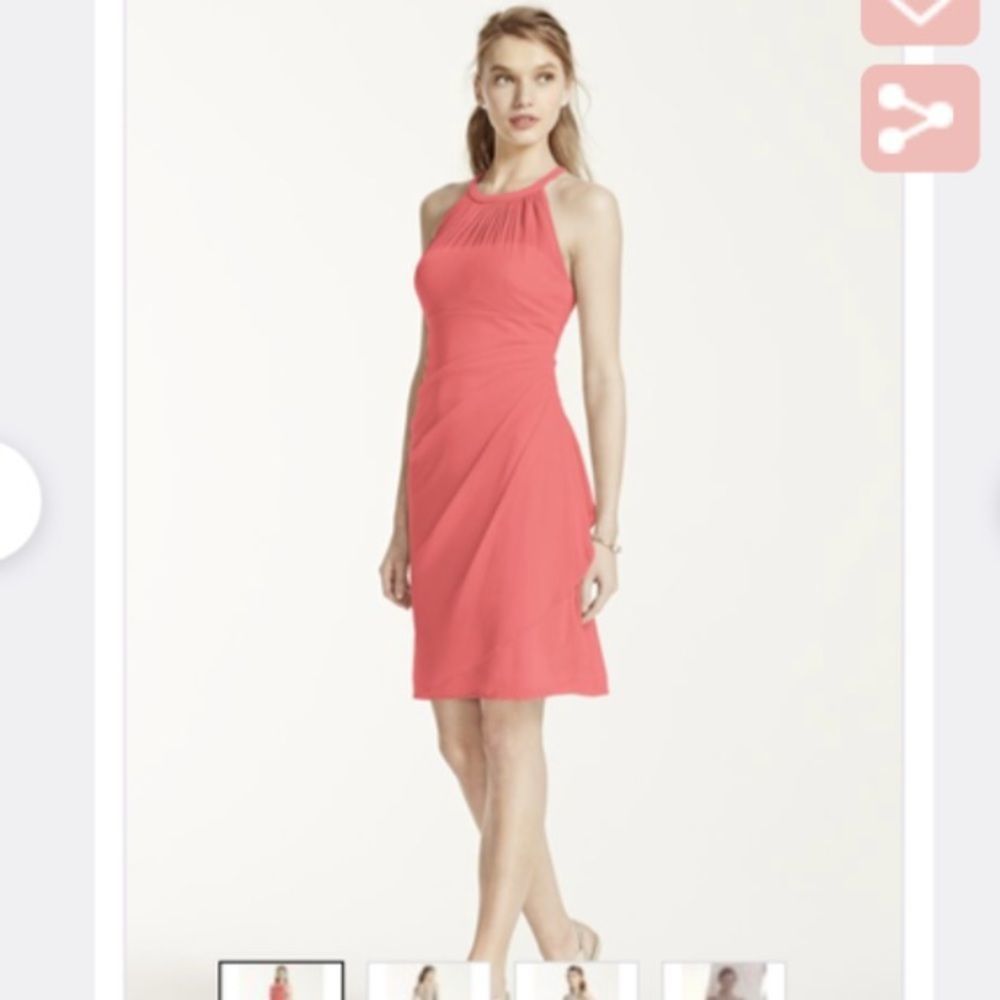David’s Bridal coral Sleeveless Short Mesh Dress with Side Cascade size 2 NWT